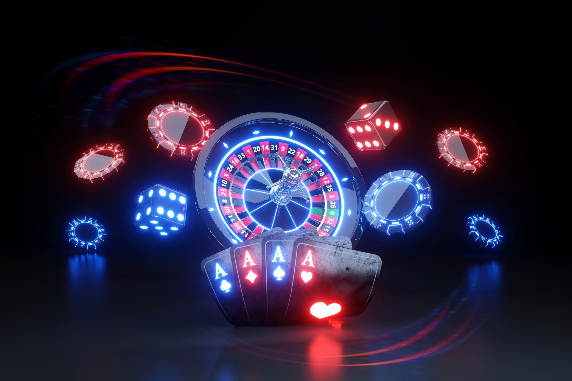 Luxury Casino Roulette Wheel and Four Aces Poker Cards